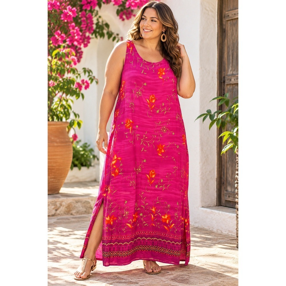 Vintage Hot Pink Floral Rayon Maxi Dress Womens 20W Plus Size Sleeveless Boho